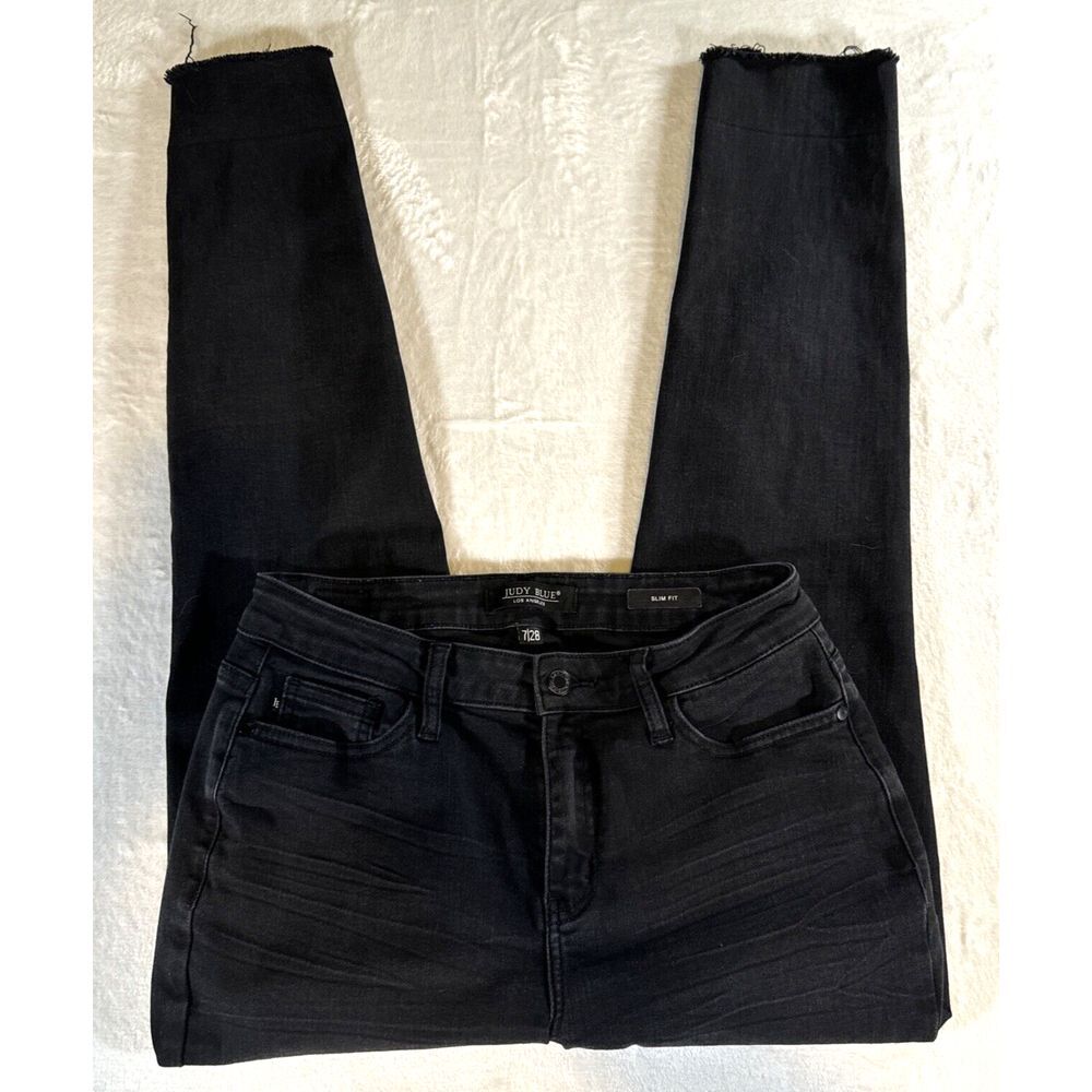 Judy Blue Jeans SZ 28 Black Slim Fit Mid Rise Stretch Distressed Raw Hem JB88137 - Picture 4 of 14